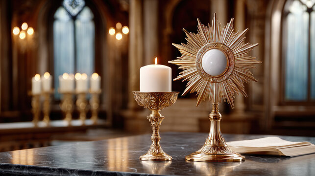 Clergyman celebrating Corpus Christi mass, offering communion during Eucharistic worship, holding host paten at sacred altar with monstrance and chalice in church. Corpus Christi