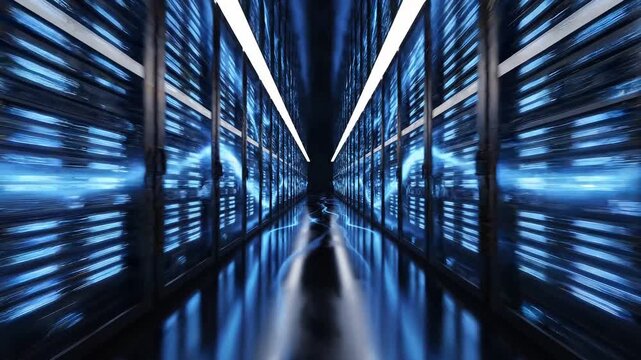 Abstract server room with glowing blue lights and reflective floor, symbolizing data processing and technology