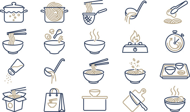 Collection of stylized line icons illustrating the various steps for preparing and serving delicious Asian noodle dishes.