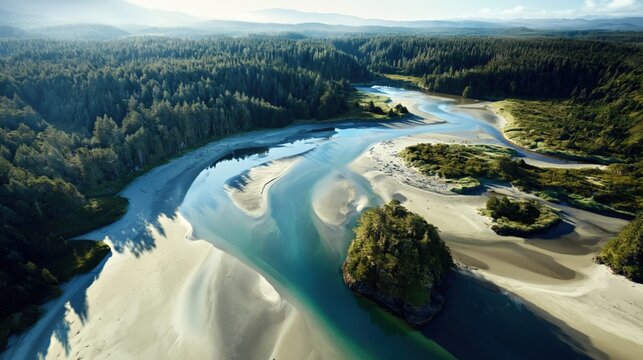 Aerial meandering estuary river coastline with turquoise channels, sandbars and dense coniferous forest in misty morning light