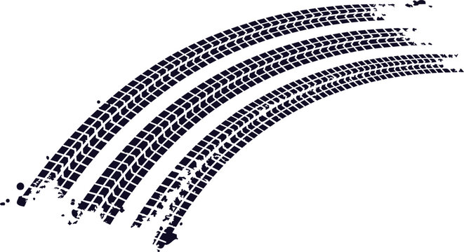 Dynamic grunged tire tracks, curving across pristine white background, vehicle motion pattern, rugged road texture, off-road adventure illustration, abstract automotive vector design.