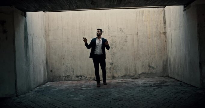 Business man, wall and trapped in city outdoor with stress, crisis or corporate challenge of salesman. Entrepreneur, professional and work barrier for fail, roadblock or stuck at box or in debt