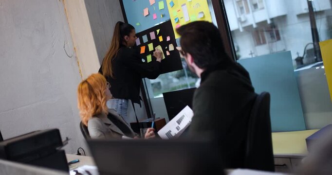 Team members collaborate on project planning using notes on wall in office space during afternoon hours with clear communication and focus on task completion