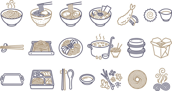 Minimalist line art icons representing various delicious Asian noodle dishes and culinary ingredients clearly displayed.