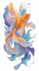 Fototapeta premium Vertical digital illustration of a goldfish with long swirling fins. Artistic orange fish with fluid blue and purple paint flows. Elegant aquatic animal design on white background