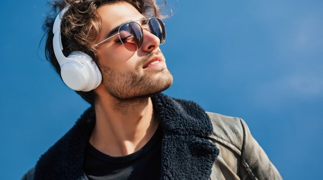 Young caucasian male close up wearing white headphones and sunglasses with shearling collar jacket looking up to sky against blue backdrop listening to music