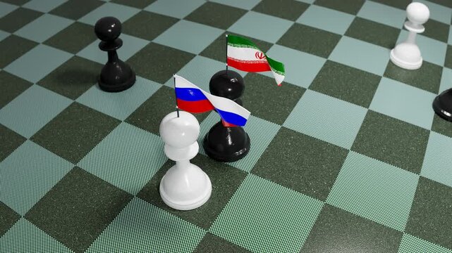 Russia Iran Flag Chess Pawns Symbolizing Bilateral Geopolitical Alliance