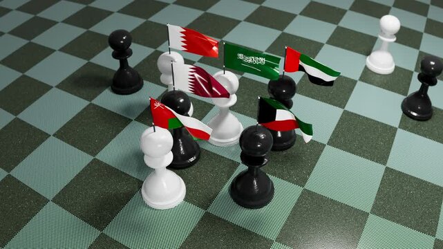 Gulf Arab Nation Flags On Chess Pawns Geopolitical Concept