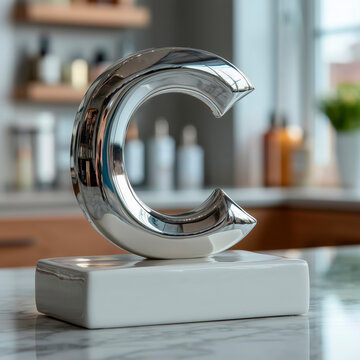 Trofeo cromado de la letra C en decoraci&oacute;n minimalista de lujo moderno, mockup de dise&ntilde;o de trofeo con letra C plateada sobre base blanca, objeto decorativo elegante con acabado met&aacute;lico brillante