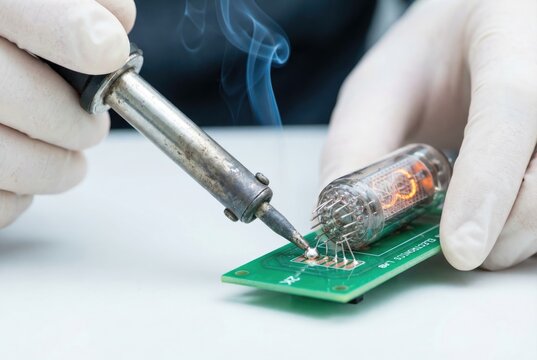 Gloved hands using a hot soldering iron to attach a vintage nixie tube to a green circuit board