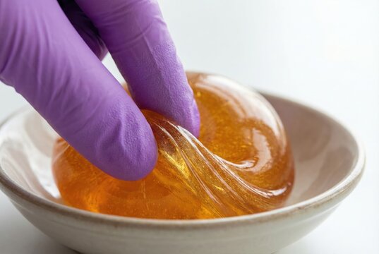 Gloved hand kneading sweet amber sugaring paste for hair removal in a ceramic bowl