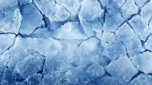 A close-up view of cracked and broken ice with a blue color tone