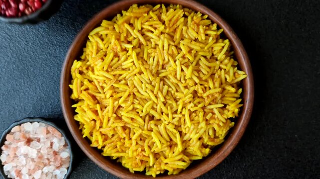 Kabsa or haneeth, an Arabic dish with rice and chicken, salt, and spices. Kabsa or haneeth as a food background for your design