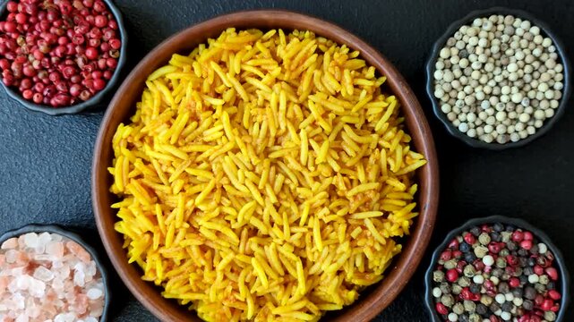 Kabsa or haneeth, an Arabic dish with rice and chicken, salt, and spices. Kabsa or haneeth as a food background for your design