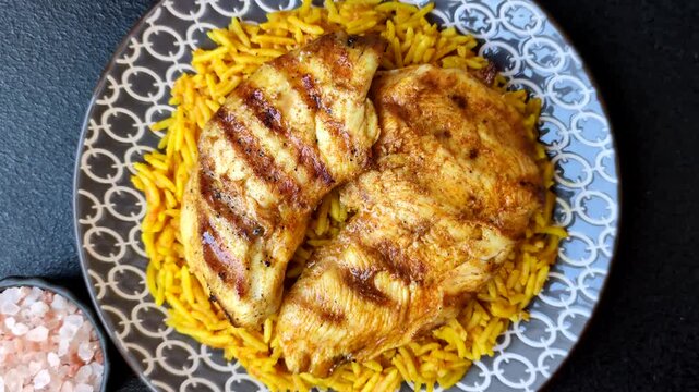 Kabsa or haneeth, an Arabic dish with rice and chicken, salt, and spices. Kabsa or haneeth as a food background for your design