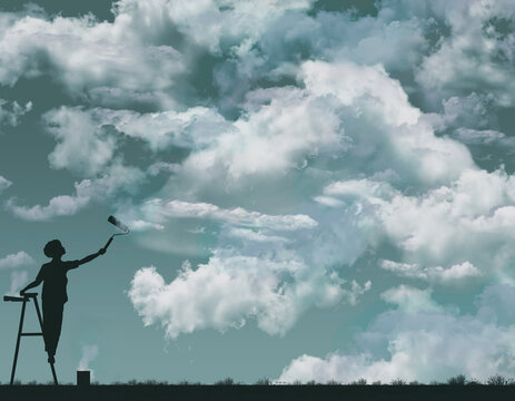 A woman on a stepladder reaches up to paint clouds in the sky with a paint roller in a 3-d illustration.