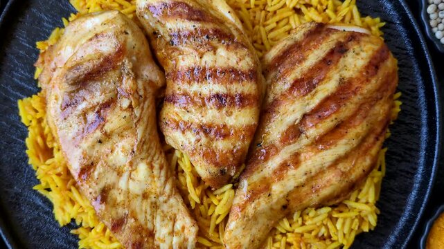 Kabsa or haneeth, an Arabic dish with rice and chicken, salt, and spices. Kabsa or haneeth as a food background for your design