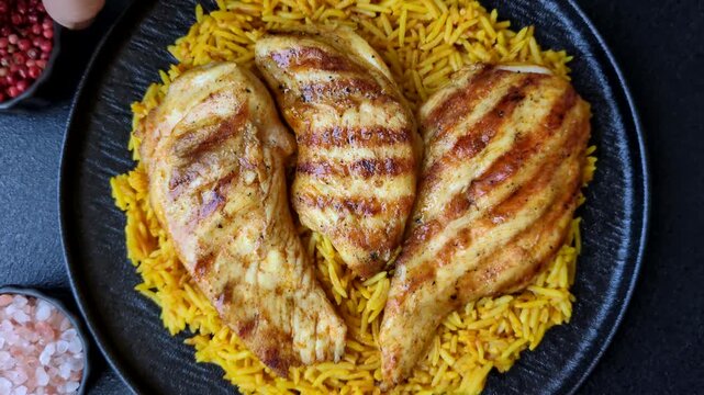 Kabsa or haneeth, an Arabic dish with rice and chicken, salt, and spices. Kabsa or haneeth as a food background for your design