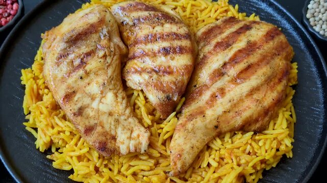 Kabsa or haneeth, an Arabic dish with rice and chicken, salt, and spices. Kabsa or haneeth as a food background for your design