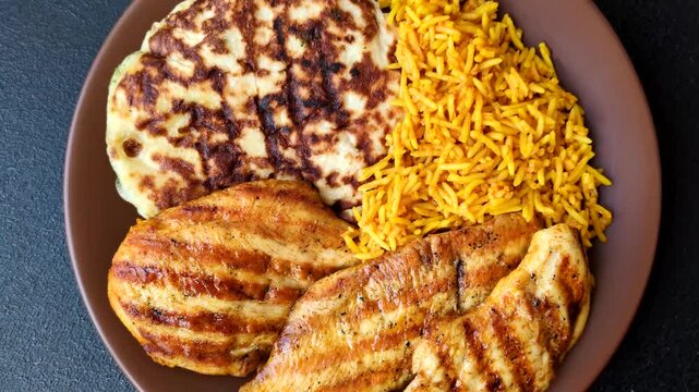 Dajaj Mashwi, an Arabic dish with rice and chicken, salt, and spices. Dajaj Mashwi as a food background for your design