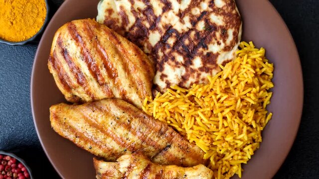 Dajaj Mashwi, an Arabic dish with rice and chicken, salt, and spices. Dajaj Mashwi as a food background for your design