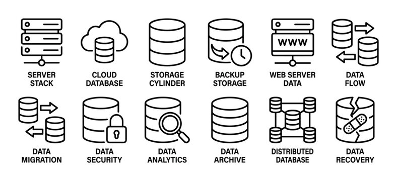 Minimalist black line icon set illustrating data management concepts like server stack, cloud database, storage, security, analytics, migration, and recovery