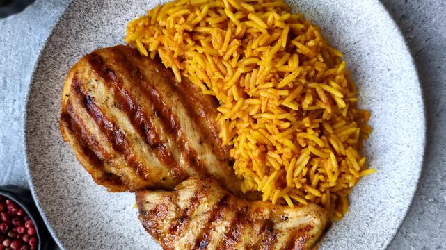 Kabsa or haneeth, an Arabic dish with rice and chicken, salt, and spices. Kabsa or haneeth as a food background for your design