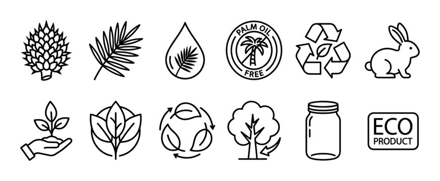 Twelve minimalist ecology and sustainability icons drawn in a simple black outline style, featuring symbols for natural, organic, cruelty-free, and eco-friendly product packaging