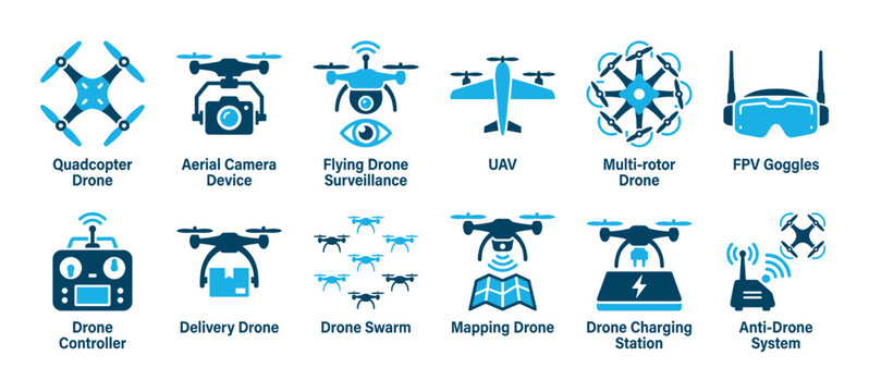 Drone technology icon set showing various quadcopters, UAVs, and related equipment like controllers, cameras, and FPV goggles for applications such as delivery, mapping, and surveillance