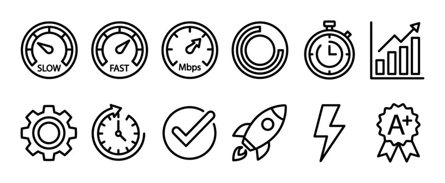 Collection of performance and speed icons representing concepts like fast loading, optimization, growth, and efficiency for business and web development projects