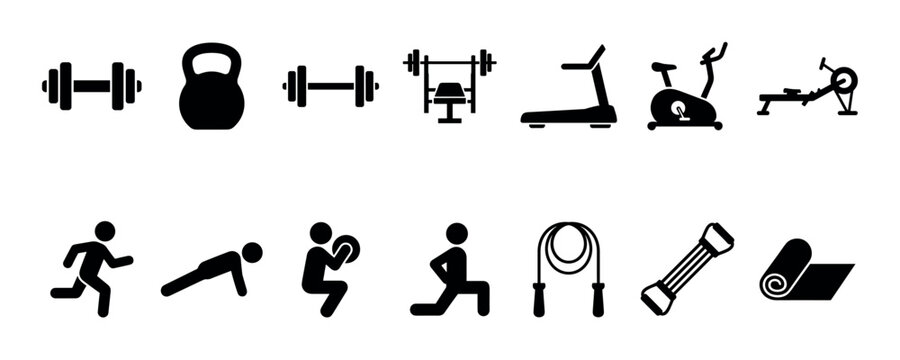 Set of black fitness and gym icons showing various equipment and exercises like barbells, kettlebells, treadmills, running, and push-ups in a simple silhouette vector style