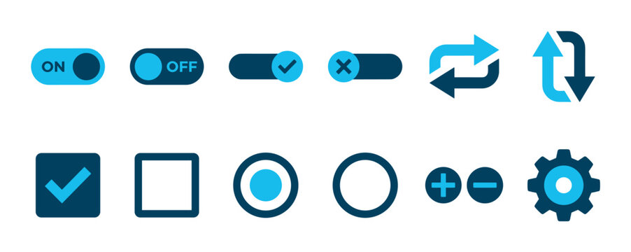 Collection of blue user interface icons for web and mobile applications, featuring toggle switches, checkboxes, radio buttons, refresh arrows, and a settings gear in a modern flat design