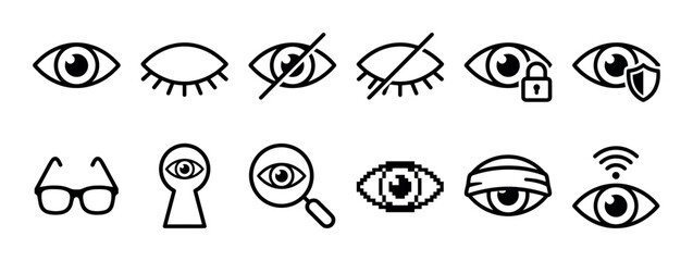 Obraz premium Collection of black line art icons representing vision, sight, privacy, and security concepts like a blindfold, lock, shield, magnifying glass, and pixelation