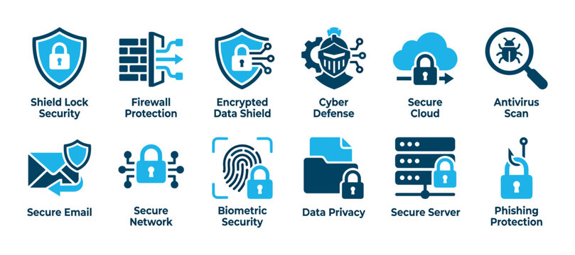 Cybersecurity icon set with various symbols for data privacy, firewall protection, secure server, and antivirus scan in a flat blue vector illustration style for digital concepts