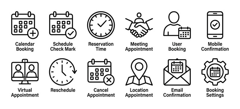 Booking and appointment line icon set for scheduling and reservation management in a minimalist outline style for user interface design