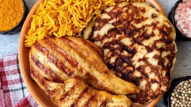 Dajaj Mashwi, an Arabic dish with rice and chicken, salt, and spices. Dajaj Mashwi as a food background for your design