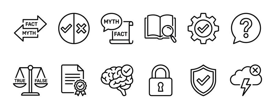 Set of black line icons representing fact checking, myth debunking, and truth verification with symbols for research, true or false scales, and certified documents in a minimalist style