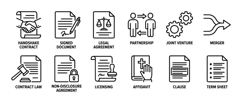 Set of twelve black line icons representing legal agreements, business contracts, and partnerships, including symbols for handshake, signature, merger, and non-disclosure