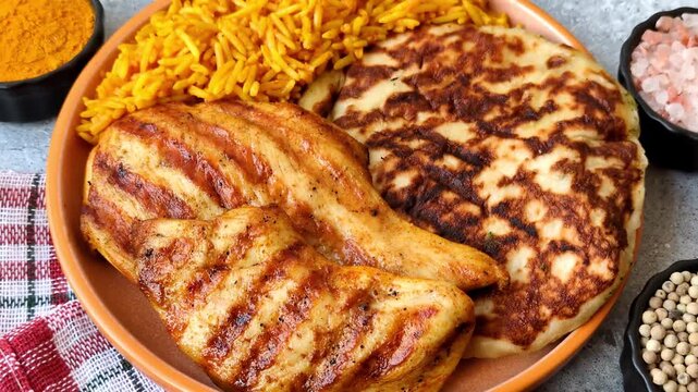 Dajaj Mashwi, an Arabic dish with rice and chicken, salt, and spices. Dajaj Mashwi as a food background for your design