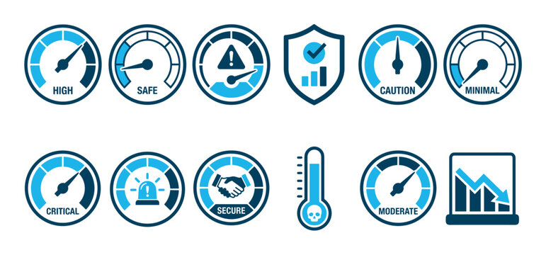 Set of blue risk assessment icons featuring various gauges, meters, and symbols to indicate levels like high, critical, secure, and safe for performance dashboards and infographics