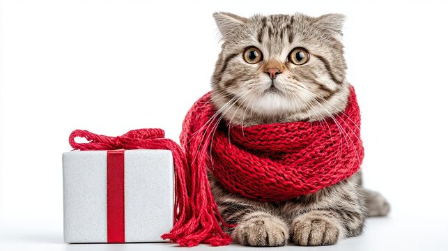 A cute cat wearing a red scarf sitting next to a wrapped gift box on a white background