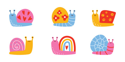 Cute snail set. Colorful snails with decorative shells. Spring nature collection for kids design, stickers, nursery decor and scrapbook. Vector illustration isolated on white background. © Hanna Bykova