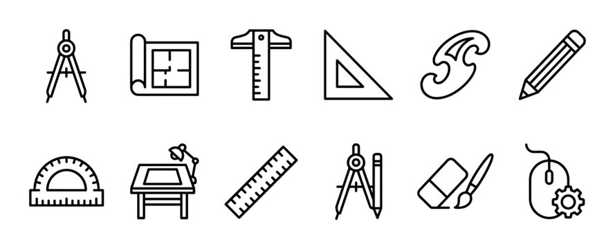 Set of black line art icons for architecture and engineering featuring drafting tools like a compass, ruler, blueprint, and protractor for technical drawing and design projects