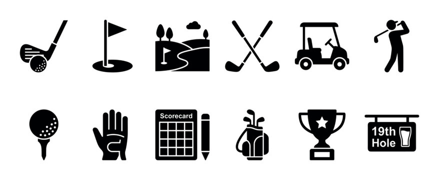 Collection of twelve black golf sport icons including a club, ball, cart, course, trophy, and scorecard presented in a minimalist silhouette vector style