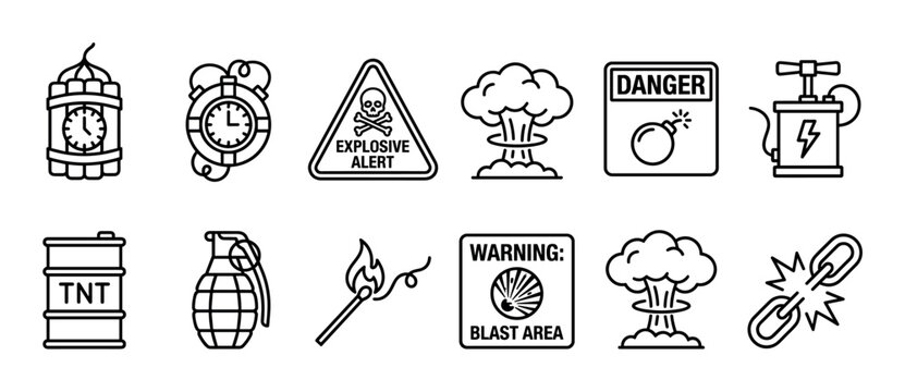 Set of black line art icons representing explosive devices and danger warnings, including dynamite with a timer, a grenade, a detonator, a mushroom cloud, and hazard signs