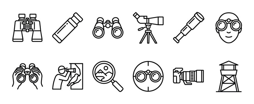Collection of observation and birdwatching icons featuring binoculars, a telescope, a magnifying glass, and a camera, all rendered in a clean, minimalist line art style