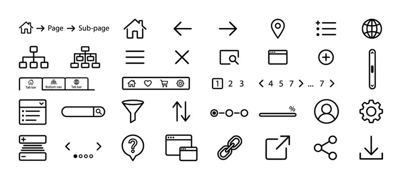 Large collection of user interface and user experience line icons for web and mobile application design, featuring navigation, search, and action symbols in a minimalist style