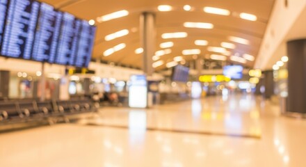 Fototapeta premium Blurred view of a modern airport terminal with departure boards and seating areas.