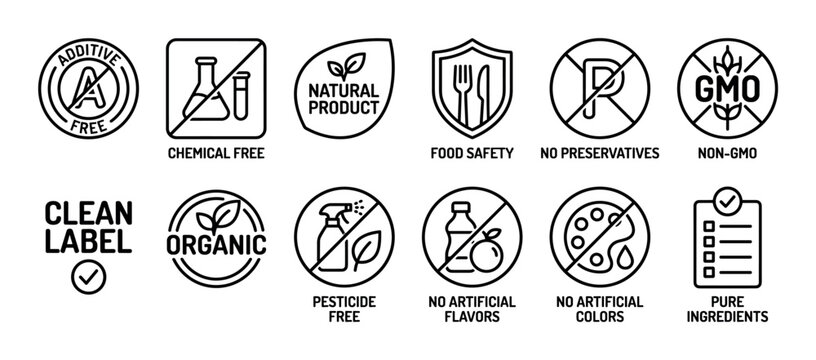 Food quality and safety line icon set representing natural, organic, non-gmo, and additive free product certifications for healthy eating and clean label packaging design