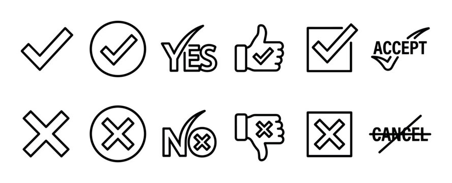 Collection of black line art icons representing yes and no concepts for user interface design, including checkmarks, crosses, thumbs up, thumbs down, and accept or cancel text